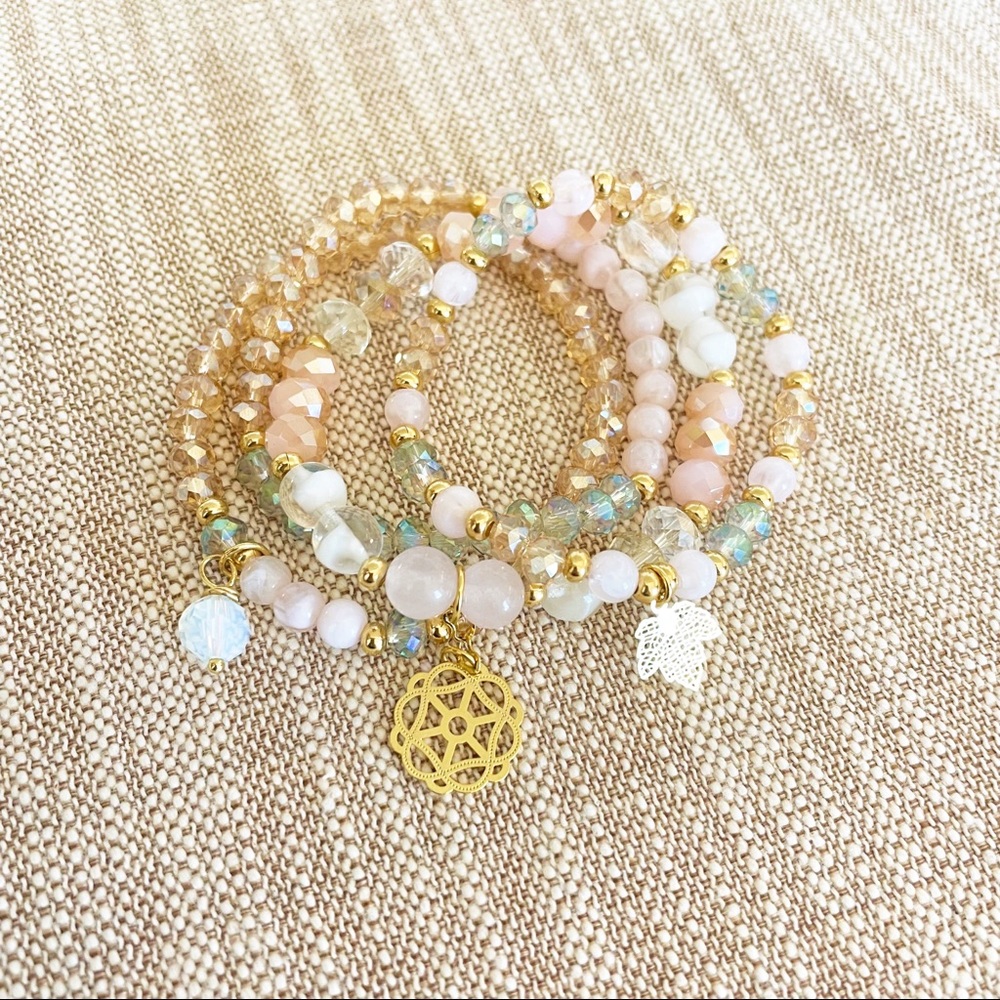 Set of 4 stretch crystal charm beaded bracelets rose quartz Gold plated charms